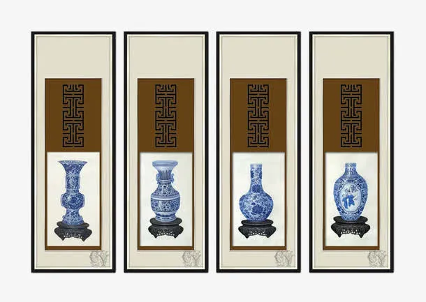 中国风古代青花瓷瓶竖版装饰画免抠