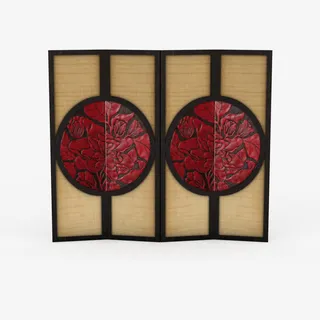 红色圆形花纹日式屏风免抠