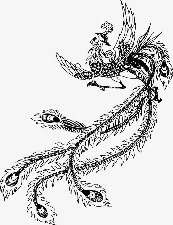 手绘复古黑白凤矢量图免抠