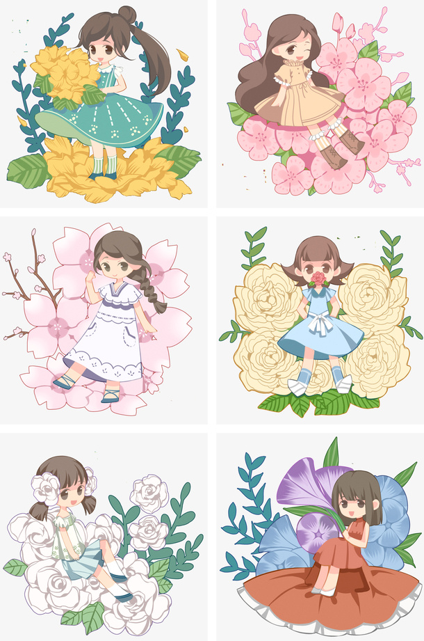 花朵女孩树叶叶子免抠手绘/卡通手绘元素