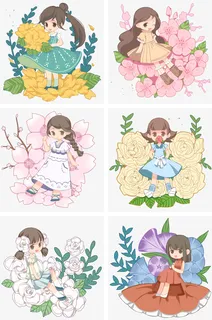 花朵女孩树叶叶子免抠手绘/卡通手绘元素