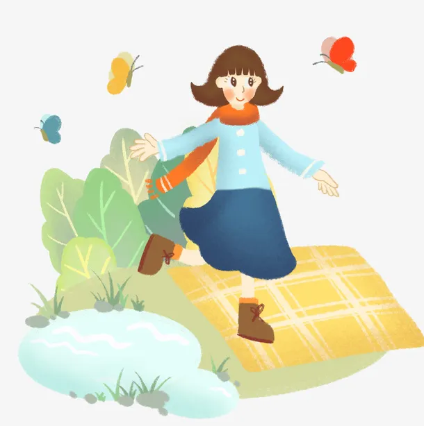 春分女孩手绘踏青免抠