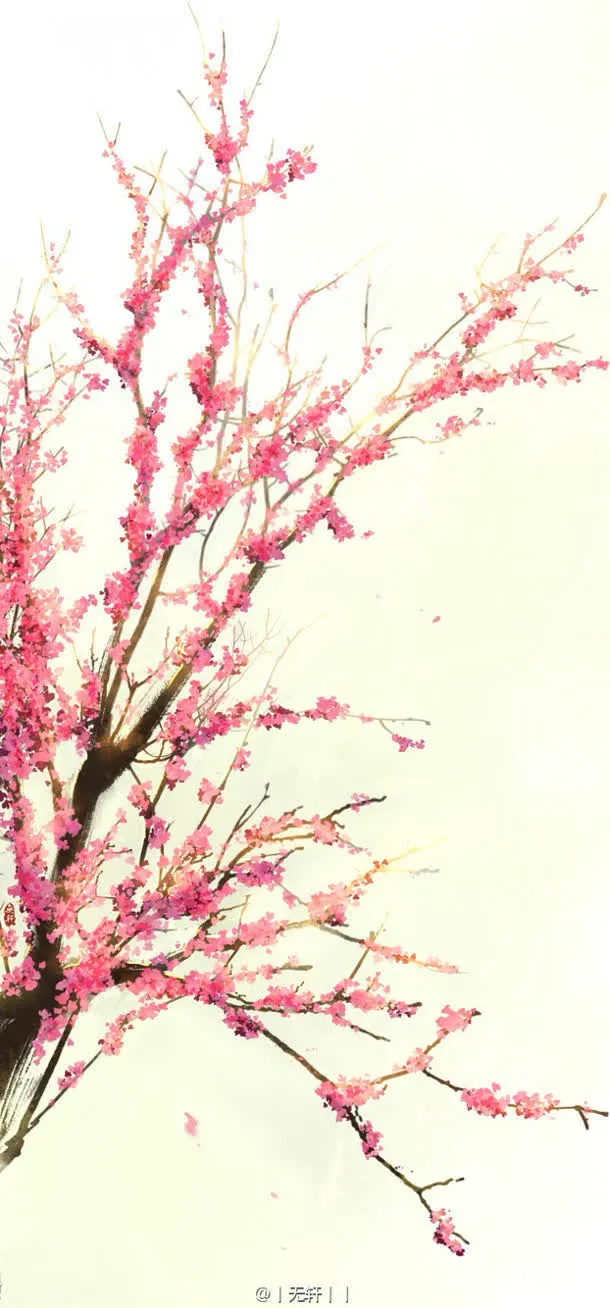 手绘粉色桃花古风插画免抠背景H5背景元素