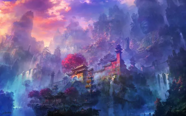 网页游戏紫色少林寺桌面壁纸免抠