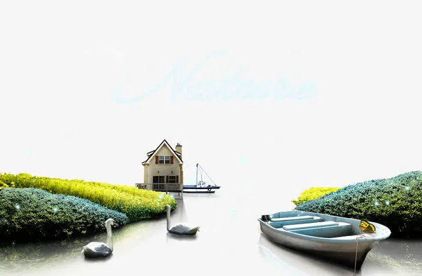 小船屋子风景画免抠