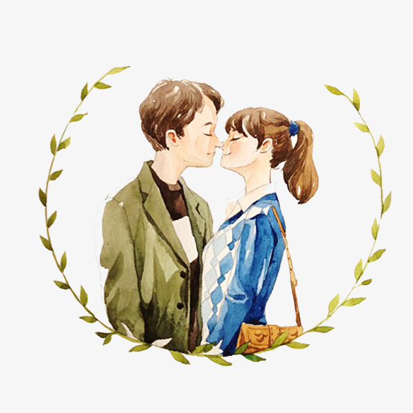 绿色水彩接吻情侣免抠