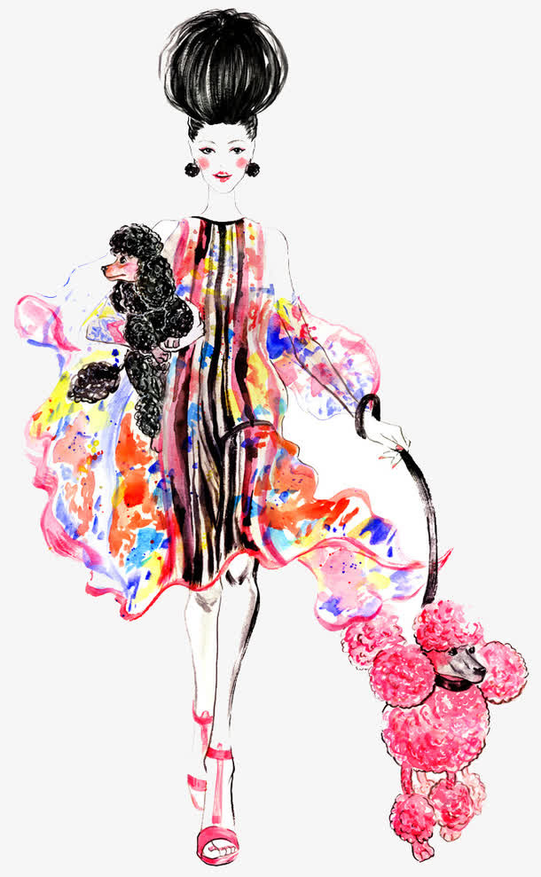 手绘抱狗女免抠