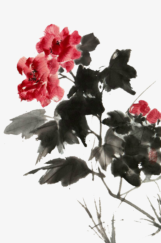 中国水墨画木芙蓉花免抠