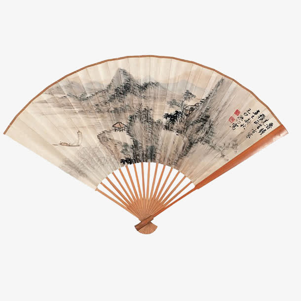 工笔山水画折扇免抠