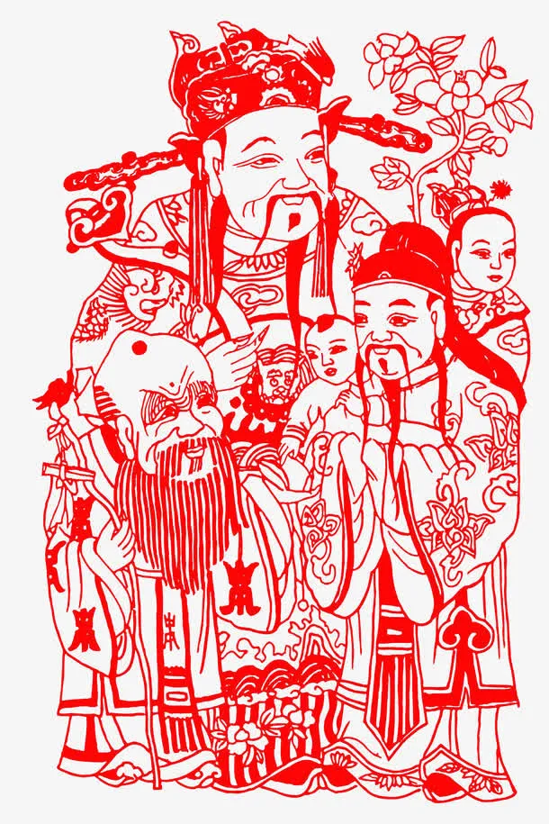 财神爷寿星童子剪纸免抠