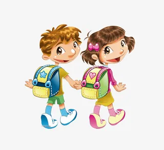 卡通走路上学的男孩女孩免抠
