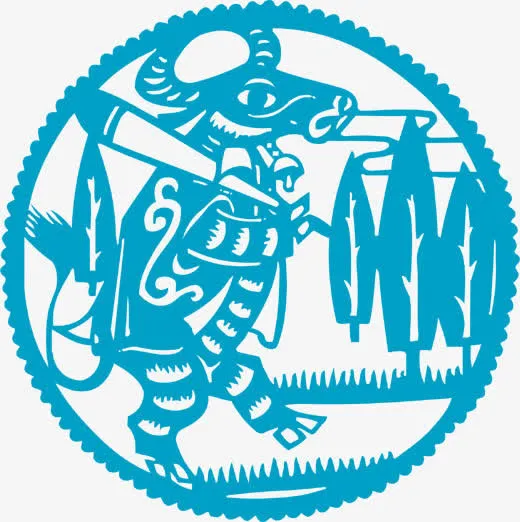 牛年蓝色剪纸素材免抠