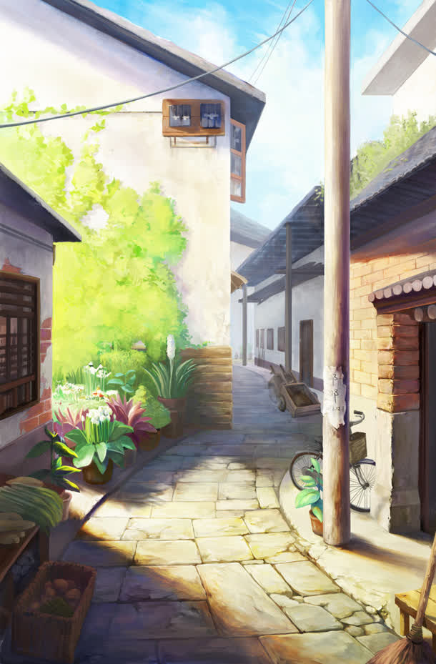 水彩古老街道海报免抠