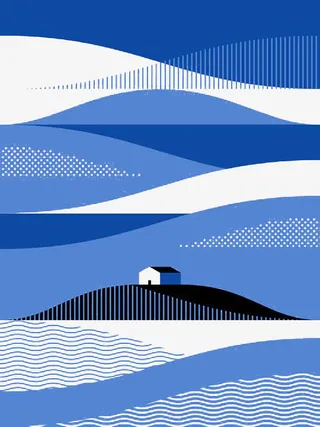 蓝色背景的山上的房子