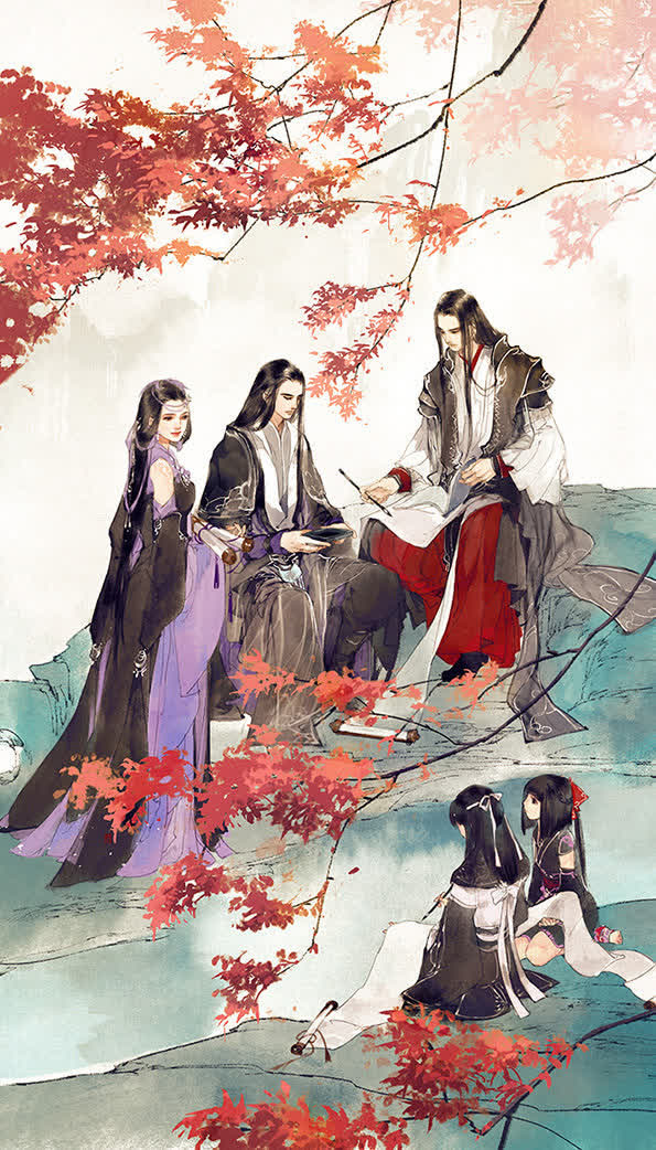 手绘古风树林里的人群免抠