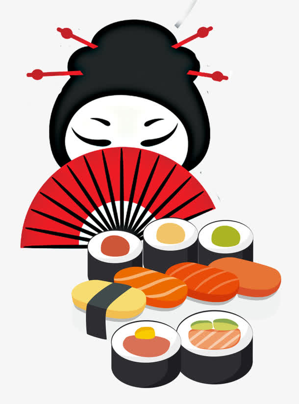 手绘日式料理美女和寿司免抠