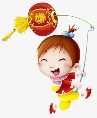 手绘挑着灯笼的女孩免抠图免抠