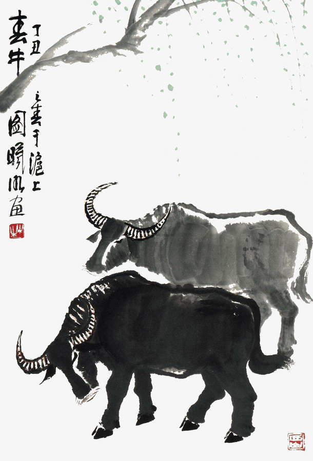 装饰牛免抠水墨画免抠