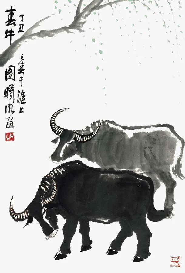 装饰牛免抠水墨画免抠