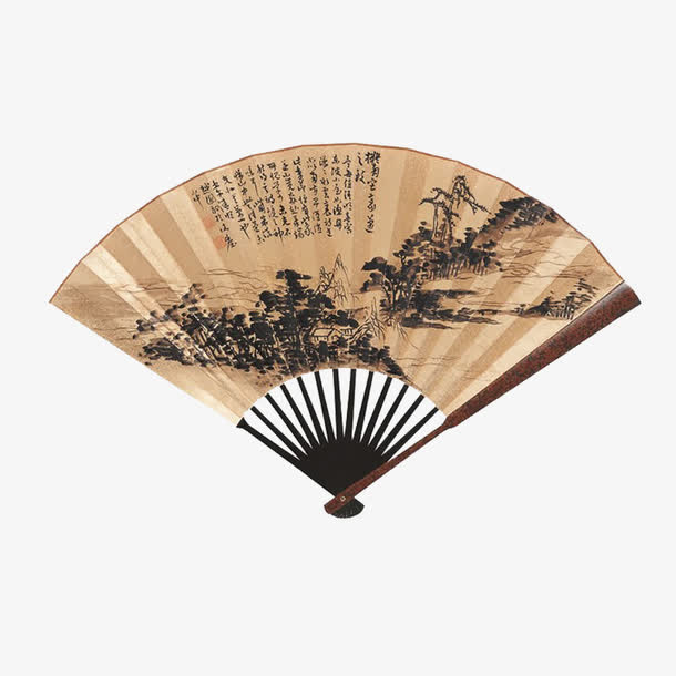 水墨山水工笔画折扇免抠