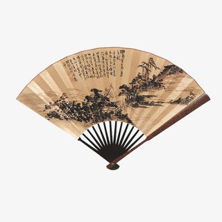 水墨山水工笔画折扇免抠