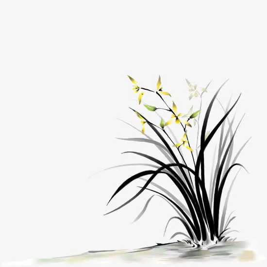 水墨画草丛上的黄花免抠