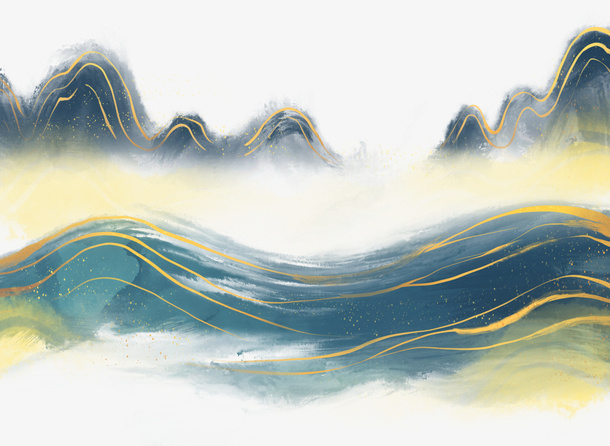 中国风，清明，青山，金色云纹纹理素材免抠