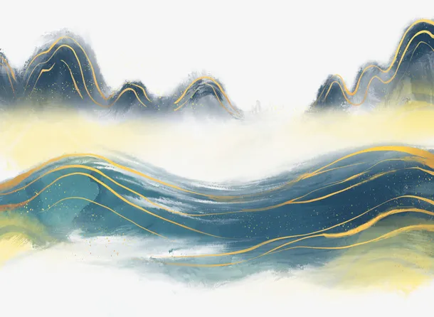 中国风，清明，青山，金色云纹纹理素材免抠