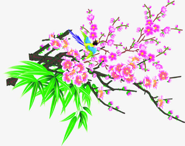 手绘绿叶粉色桃花免抠