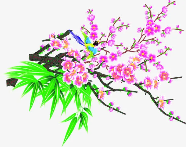 手绘绿叶粉色桃花免抠