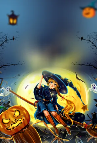 万圣节女巫南瓜头树枝幽灵月亮南瓜头高清