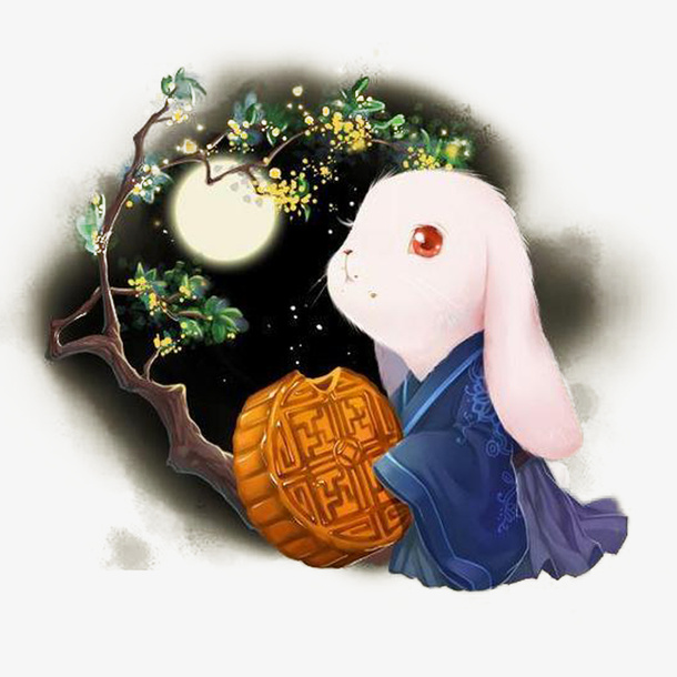 卡通手绘兔子与月饼免抠