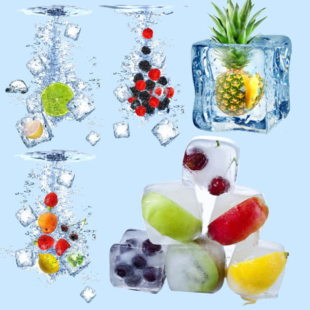 透明冰块中的新鲜水果免抠