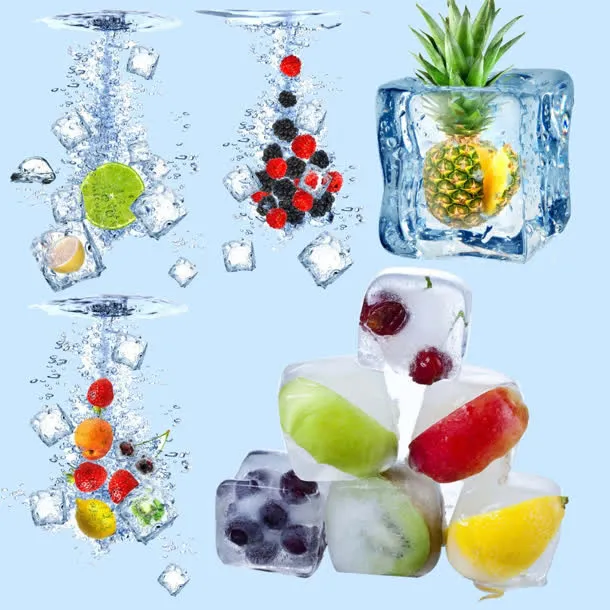 透明冰块中的新鲜水果免抠