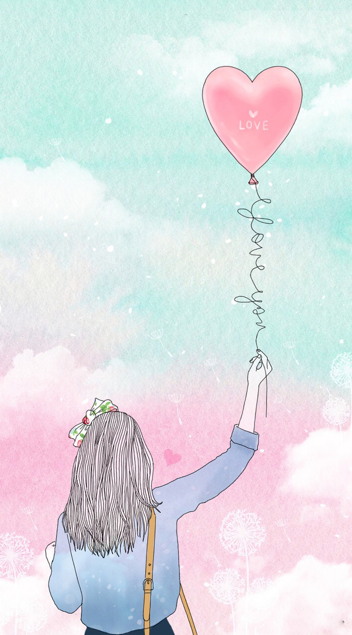 love情人节手绘少女清新背景高清
