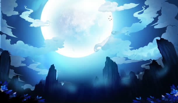 手绘游戏夜景月亮云彩免抠