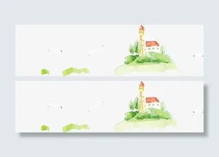 绿色春天插画风景建筑免抠