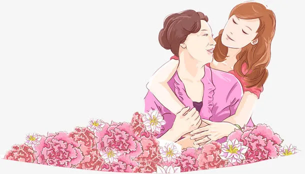 有爱孝心母女手绘免抠