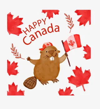 手绘土拨鼠加拿大国旗免抠