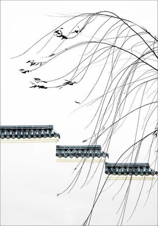 中国风水墨树叶建筑免抠