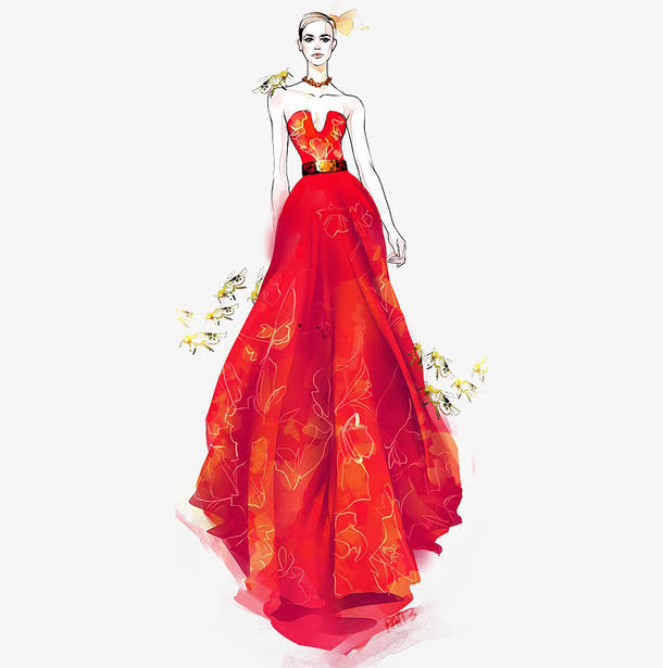 蝴蝶鎏金大红华丽婚纱免抠