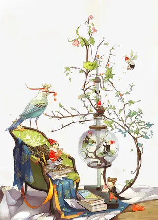 手绘森系小鸟树枝免抠