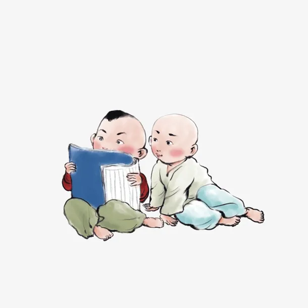 水彩墨画安静读书认字小孩素材免抠
