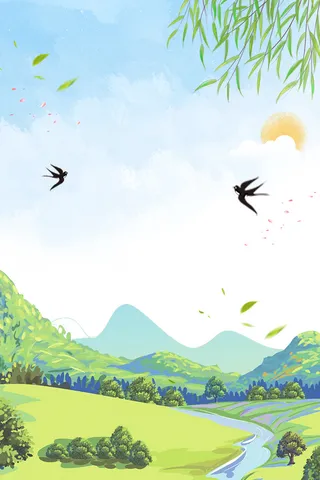 春天手绘山区场景图高清