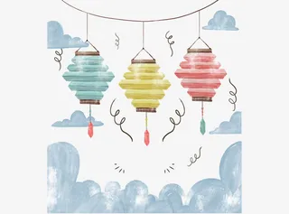 水彩手绘彩灯免抠