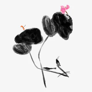 水墨荷花荷叶蜻蜓元素免抠