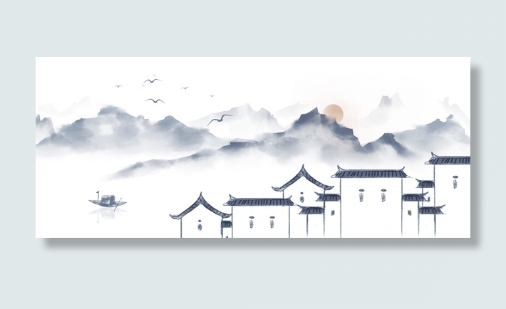 徽派建筑  水墨画免抠
