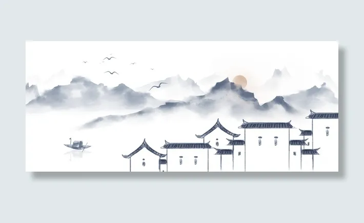 徽派建筑  水墨画免抠