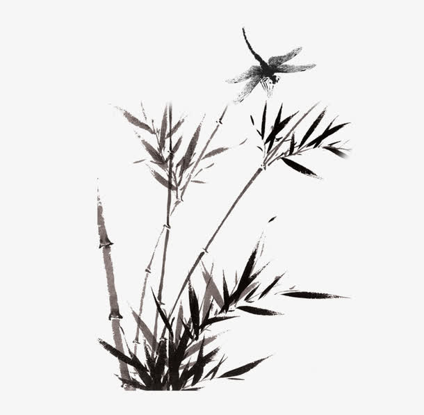 竹子蜻蜓水墨画免抠