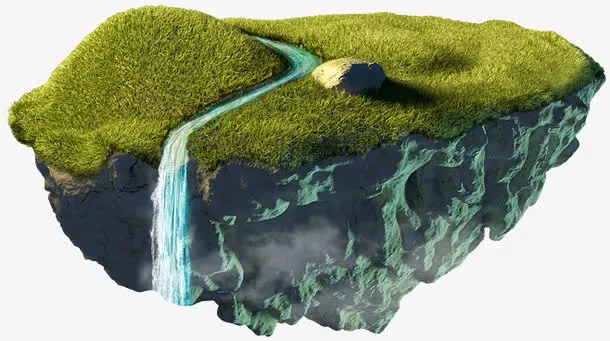 浮岛上的草坪和溪流免抠